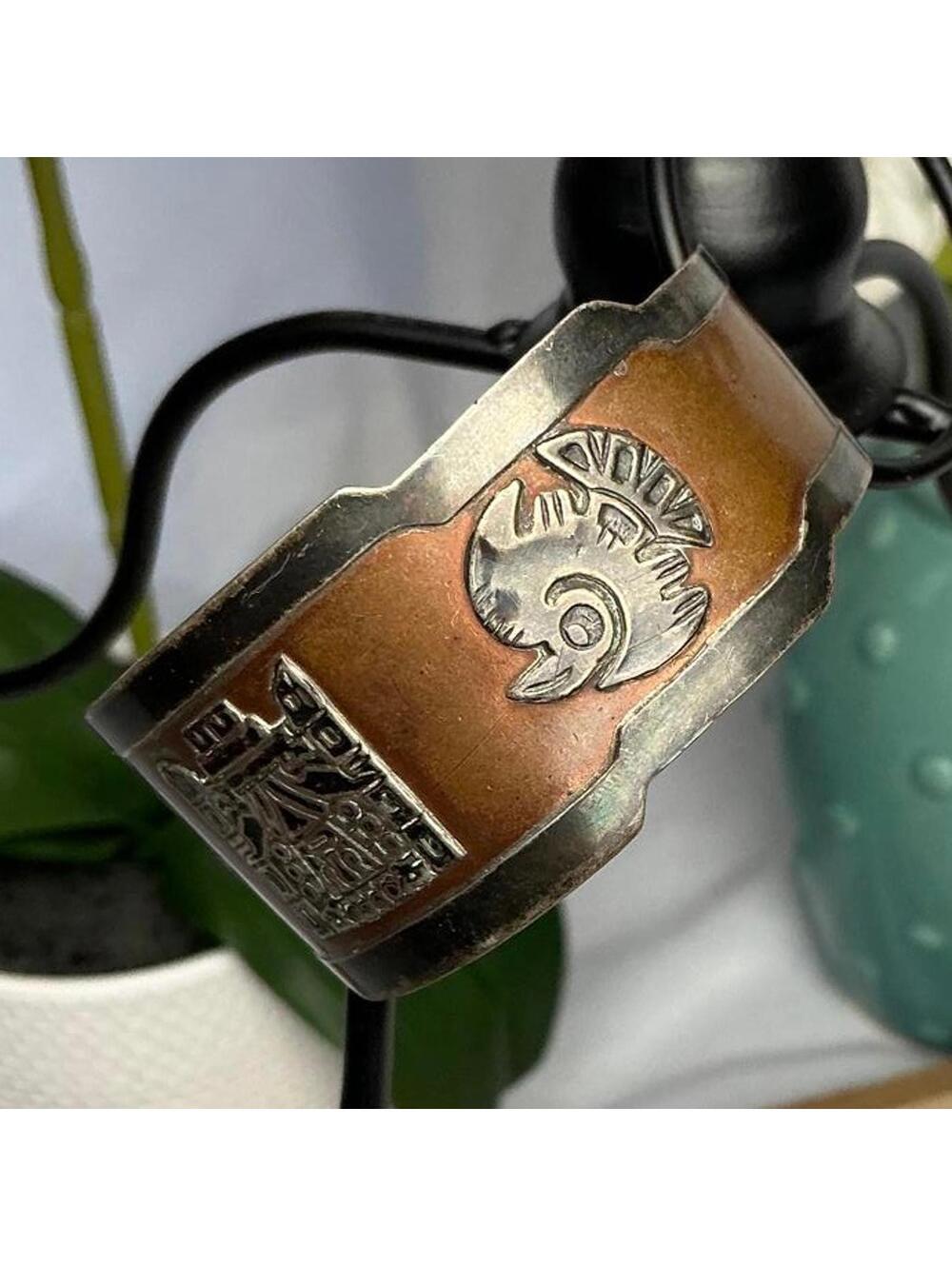 Vintage Peruvian Aztec or Pre-Columbian Mexican 925 Silver Copper Cuff Bracelet